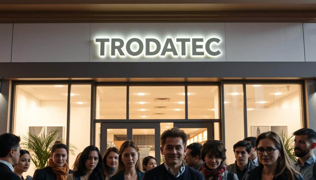 A well-maintained, gleaming facade featuring the TRODATEC brand name prominently displayed. The front of the building is bathed in warm, natural lighting, highlighting the pristine, clean appearance of the exterior. The facade is constructed from high-quality, durable materials that reflect a sense of quality and professionalism. In the foreground, a group of potential customers are drawn to the inviting, welcoming atmosphere, their expressions conveying a sense of interest and curiosity. The overall scene creates an impression of a well-cared-for, attractive business that values cleanliness and attention to detail, effectively drawing in passersby.