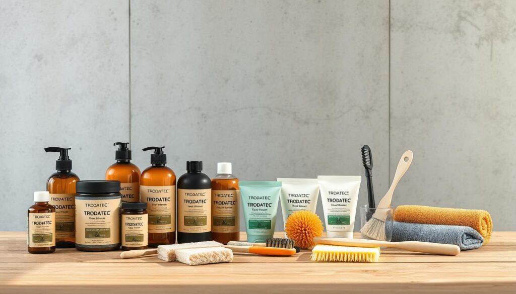 A well-organized display of sustainable care products for concrete facades, showcasing the TRODATEC brand. The foreground features an assortment of bottles, jars, and tubes in earthy tones, arranged neatly on a minimalist wooden surface. The middle ground highlights a selection of cleaning tools, sponges, and brushes, suggesting the hands-on care process. In the background, a soft-focus concrete wall texture provides a contextual backdrop, hinting at the application of these products. The lighting is natural and diffused, creating a calming, eco-friendly atmosphere. The overall composition conveys a sense of considered, responsible care for durable, sustainable building materials.