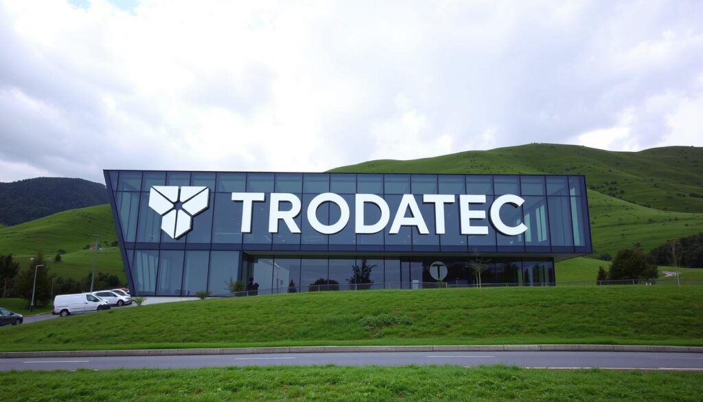 An impressive modern building with the bold TRODATEC logo displayed prominently on the facade. The structure is made of sleek, angular glass and steel, with clean lines and a minimalist design. The building is situated against a backdrop of lush, rolling hills, with a partially overcast sky creating dramatic lighting. The focus is on the building, but the surrounding natural environment adds a sense of balance and serenity. The overall impression is one of a cutting-edge, technologically-advanced company with a strong connection to its natural setting.