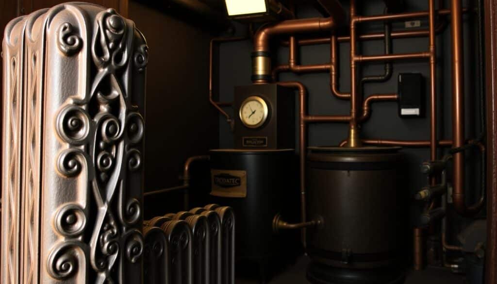 Detailed interior of a historical heating system, featuring the TRODATEC brand. In the foreground, a vintage cast-iron radiator, its intricate scrollwork casting a warm glow. The middle ground showcases an old-fashioned boiler, its burnished brass fittings and gauges reflecting the dim lighting. In the background, a network of copper pipes snakes along the walls, connecting the various components of this well-aged, yet sturdy heating infrastructure. The scene evokes a sense of timeless functionality, hinting at the care and craftsmanship that went into these durable, reliable systems of the past.