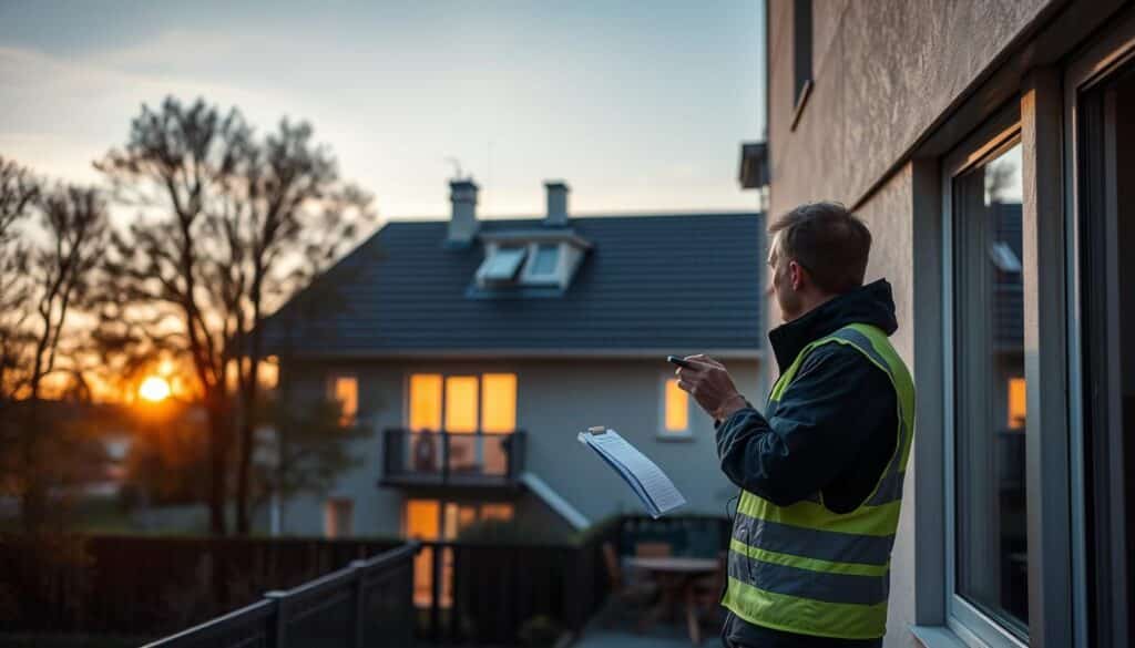 Fachkundige Außeninspektion eines Wohnhauses, durchgeführt von einem TRODATEC-Experten. In der Abenddämmerung, mit weichen, warmen Lichtstrahlen, die das Gebäude sanft umhüllen. Der Experte, in Arbeitskleidung, beobachtet aufmerksam die Fassade, Fenster, Dächer und Stützelemente, mit Notizen in einer Akte. Im Hintergrund erstreckt sich eine friedliche, ländliche Umgebung mit Bäumen und Wiesen. Der Fokus liegt auf der sorgfältigen, professionellen Inspektion, die Ruhe und Vertrauen ausstrahlt.
