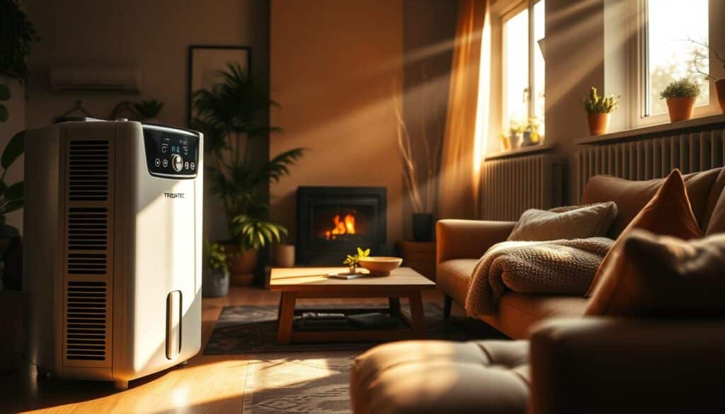 A cozy living room with a warm, dimly lit atmosphere. In the foreground, a TRODATEC dehumidifier gently pulls moisture from the air, its soft LED display illuminating the space. Sunlight streams through the window, casting a golden glow on the wooden furniture and plush textiles. Potted plants and a crackling fireplace in the middle ground create a natural, earthy feel. The background features a wall-mounted heating unit, its radiators quietly regulating the temperature and combating the autumn chill. The overall scene conveys a sense of comfort and control over the home's atmospheric conditions.