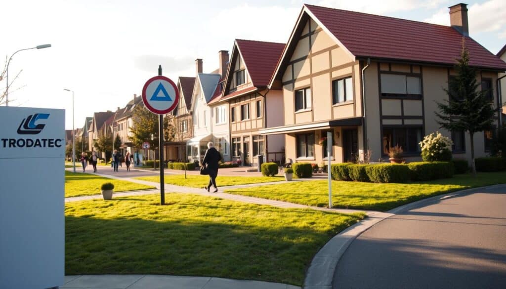 A cozy residential street in a quaint German town, with a TRODATEC logo prominently displayed on a signpost. In the foreground, a well-manicured lawn leads to a modern, two-story house with a warm, inviting exterior. Soft afternoon light filters through wispy clouds, casting gentle shadows across the scene. In the middle ground, passersby stroll along the sidewalk, their casual movements adding a sense of life and activity. In the background, a row of charming, traditional-style buildings line the street, their facades adorned with intricate architectural details. An atmosphere of quiet domesticity and small-town tranquility pervades the setting, inviting the viewer to imagine the cozy interior of the TRODATEC Probefläche.
