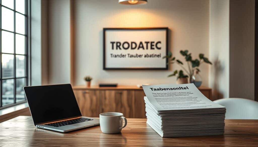 A cozy, well-lit office setting with a large window overlooking a cityscape. In the foreground, a wooden desk features a laptop, a cup of coffee, and a stack of customer testimonials labeled "Kundenstimmen Taubenabwehr". On the wall behind the desk, a framed TRODATEC logo is prominently displayed, conveying a sense of professionalism and expertise. The lighting is warm and inviting, creating a welcoming atmosphere that reflects the positive customer experiences described in the testimonials. The overall scene suggests a thriving business that values its customers' feedback and uses it to improve its products and services.