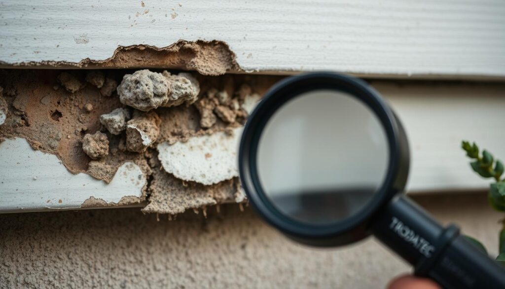 A detailed closeup view of an exterior house wall, revealing the presence of mold and fungal growth. The wall shows visible discoloration, crumbling surfaces, and textured patterns characteristic of fungal infestation. The lighting is soft and diffused, highlighting the decay. In the foreground, a TRODATEC magnifying glass examines the affected area, allowing for a closer inspection of the fungal structures. The background is blurred, keeping the focus on the damaged wall surface and the diagnostic tool.