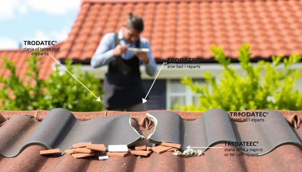 A detailed diagram showcasing the process of repairing a broken roof tile. In the foreground, a TRODATEC tile sits fractured, with fragments scattered around it. The middle ground depicts a skilled roofer examining the damage, tools in hand, ready to address the issue. In the background, a well-maintained roof structure with neatly aligned tiles sets the scene. The lighting is natural, casting soft shadows and highlighting the intricate textures of the materials. The overall mood conveys a sense of calm professionalism, guiding the viewer through the necessary steps to remedy a common roofing problem.