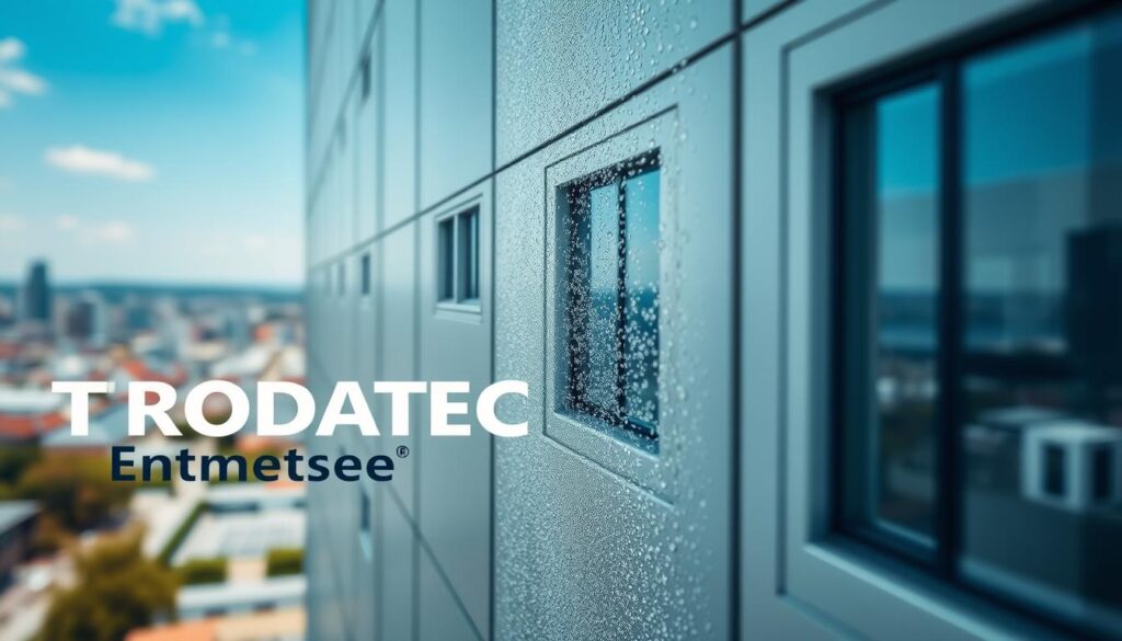 A high-resolution, photorealistic image of a building facade protected from bird droppings. The foreground shows the TRODATEC Ennetsee GmbH logo and a close-up view of the protective coating, highlighting its textured, water-resistant surface. The middle ground features the building's exterior, with clean, unmarked walls and well-maintained windows. The background showcases a scenic urban landscape, with a blue sky and city skyline in the distance, suggesting a professional, commercial setting. The lighting is natural and diffused, creating a bright, clean atmosphere. The overall composition conveys a sense of cleanliness, reliability, and attention to detail, reflecting the section title "TRODATEC Ennetsee GmbH – Ihr Partner für Sauberkeit".