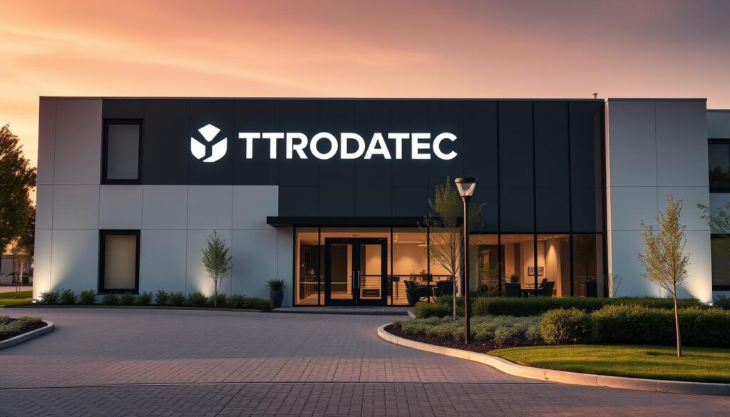 A modern and sleek office building with the TRODATEC logo prominently displayed on the facade. The building is constructed with clean lines, large windows, and a minimalist design aesthetic. The surrounding landscape features neatly manicured gardens and a paved driveway leading to the main entrance. Warm, diffused lighting illuminates the scene, creating a sense of professionalism and attention to detail. The image conveys a secure, well-maintained, and technologically advanced environment, suitable for a company focused on safety and quality.