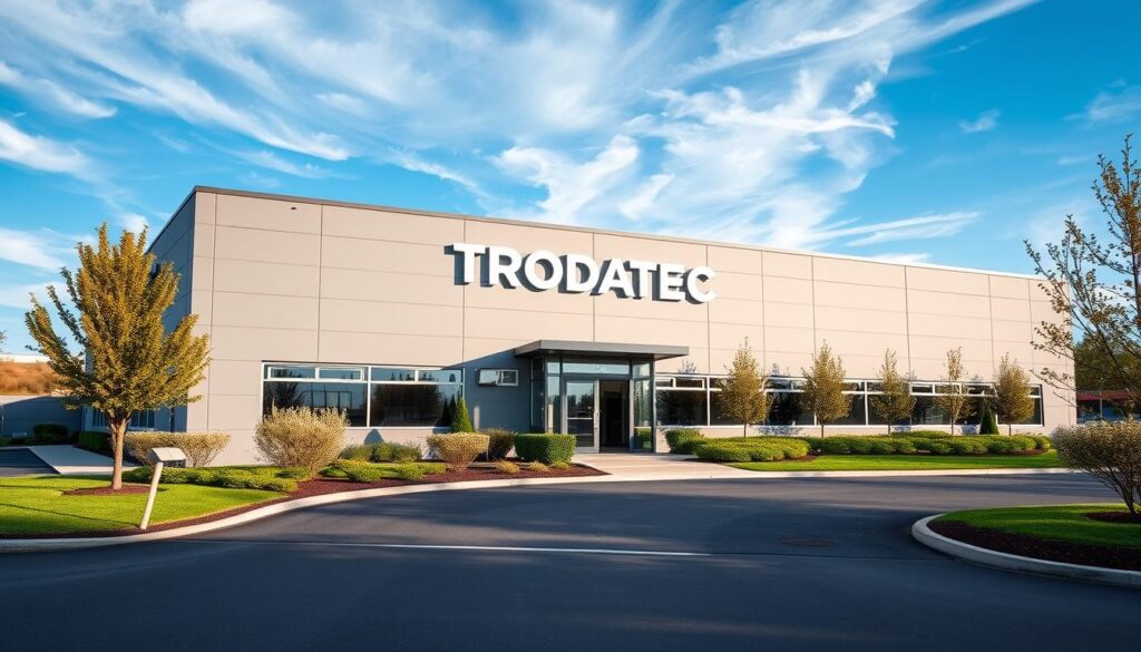 A modern, sleek building with the brand name "TRODATEC" prominently displayed on the facade. The structure is set against a blue sky with wispy clouds, creating a bright and airy atmosphere. The building's clean lines, large windows, and muted color palette convey a sense of professionalism and expertise. In the foreground, well-manicured landscaping and a paved driveway lead up to the entrance, inviting visitors to explore the facility. The lighting is natural, highlighting the building's architectural details and creating a warm, welcoming ambiance. The overall impression is one of a reputable, well-established company ready to assist with the seasonal maintenance of roofs and facades.