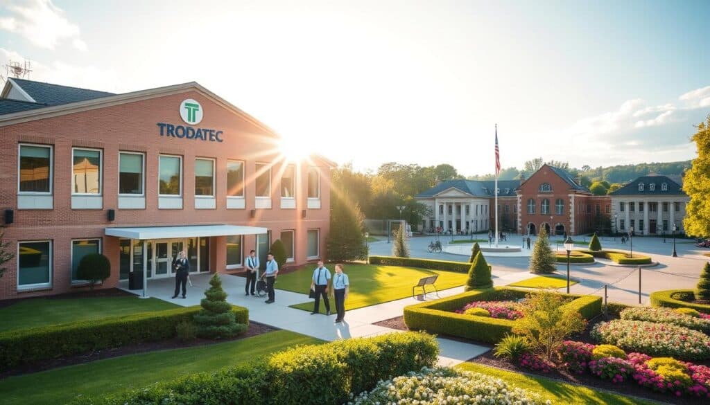 A municipal building nestled in a serene landscape, its facade adorned with the TRODATEC logo, radiating a sense of reliability and professionalism. Sunlight filters through the windows, casting a warm glow over the well-maintained grounds. In the foreground, a team of diligent custodians in crisp uniforms attends to the property, ensuring its pristine condition. The middle ground showcases a variety of landscaping elements, from neatly trimmed hedges to vibrant flower beds, all contributing to the overall aesthetic. In the background, a picturesque town square comes into view, conveying a feeling of community and civic pride. The image exudes a sense of stability, security, and a commitment to providing reliable building maintenance services for the municipality.