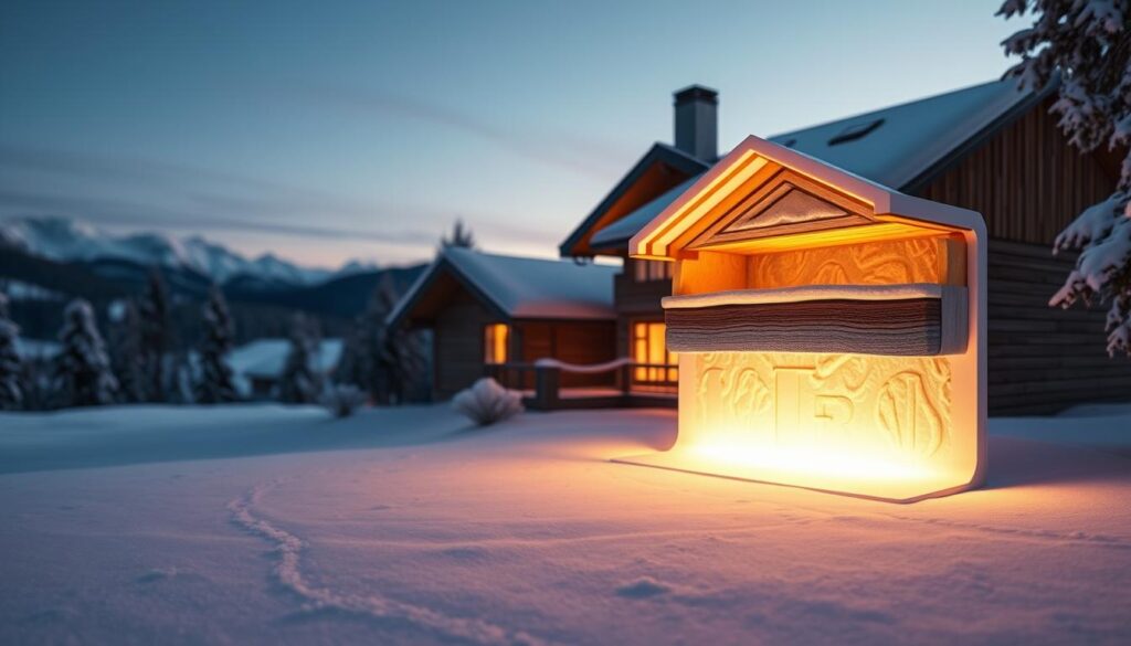 A serene, well-insulated house nestled amidst a snowy landscape. In the foreground, a TRODATEC insulation panel casts a soft, diffused glow, symbolizing the key to efficient, winterized performance. The middle ground features a cutaway view, revealing the intricate layers of high-R-value insulation materials, expertly installed to maximize thermal efficiency. In the background, a crisp, azure sky and distant mountains convey a sense of tranquility and environmental harmony. Warm, golden lighting illuminates the scene, creating a cozy, inviting atmosphere that encapsulates the essence of "Dämmung: Der Schlüssel zur Effizienz".