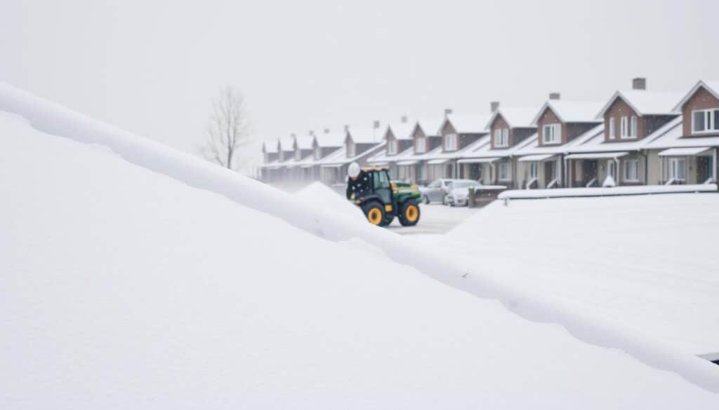 A serene winter landscape sets the stage, with a neatly snow-covered roof in the foreground. In the middle ground, a TRODATEC snow clearing crew diligently works, their figures partially obscured by the falling snow. The background features a row of residential homes, their roofs also blanketed in a fresh layer of white. The overall scene conveys a sense of efficiency, professionalism, and customer satisfaction, reflecting the "Kundenreferenzen Winterdienst" theme. Soft, diffused lighting creates a warm, inviting atmosphere, while the camera angle offers a slightly elevated perspective to showcase the scope of the operation.