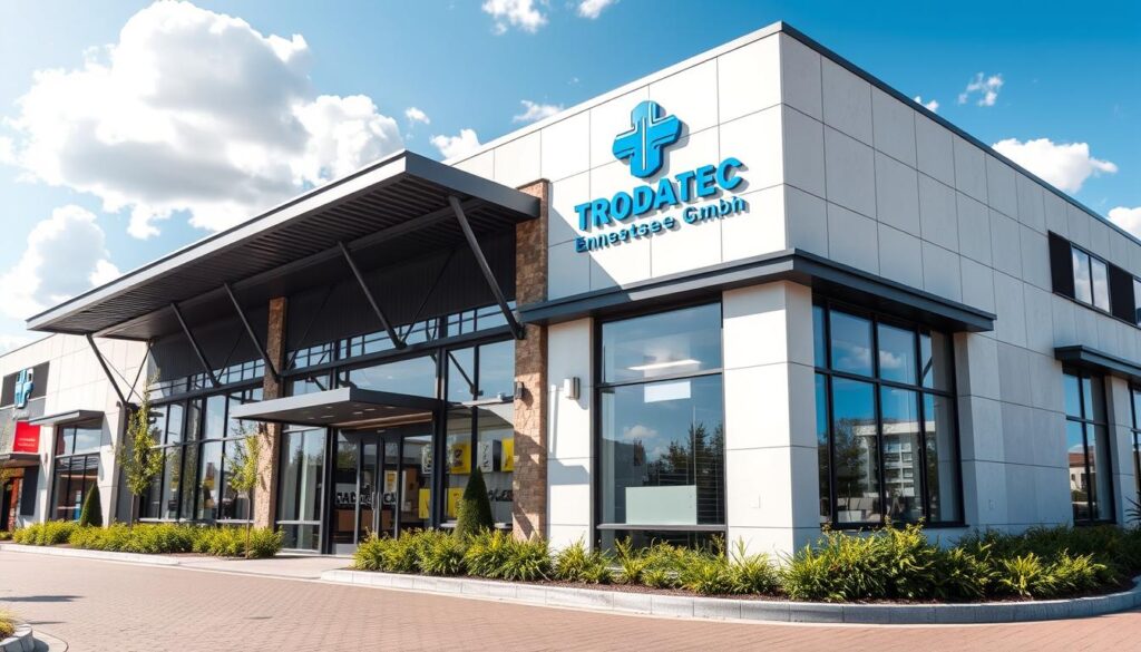 A sleek and modern commercial building with the "TRODATEC Ennetsee GmbH" logo prominently displayed on the facade. The building is set against a bright, sunlit sky with fluffy white clouds. The facade features clean lines, large windows, and a mix of glass, steel, and stone materials. The entrance is inviting, with a covered walkway and lush landscaping around the perimeter. The overall impression is one of professionalism, quality, and attention to detail - reflecting the company's expertise in facade maintenance and restoration for shopping centers.