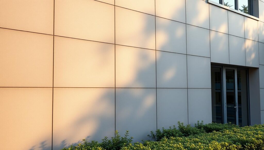 A sleek, modern facade of a TRODATEC building, featuring a seamless, crack-free surface with a subtle textured pattern. Warm, indirect lighting casts soft shadows, creating a sense of depth and dimension. The facade is constructed from durable, high-quality materials that appear to resist weathering and aging. The overall impression is one of strength, resilience, and a commitment to long-lasting solutions for buildings. In the foreground, a well-maintained, lush garden complements the facade, creating a harmonious and inviting atmosphere. The scene conveys a sense of stability, reliability, and a practical approach to addressing common facade issues.