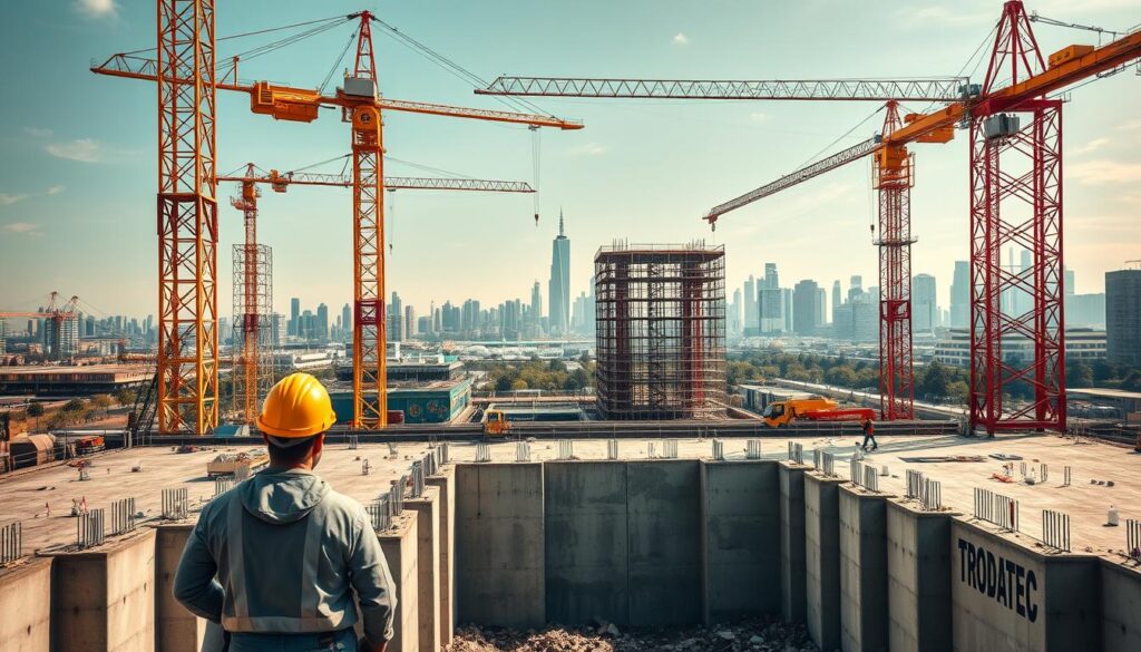 A sprawling construction site comes into view, dominated by the towering TRODATEC cranes and machinery. In the foreground, workers in hard hats carefully inspect the reinforced concrete foundations, ensuring the integrity of the structure. The middle ground reveals the ongoing construction, with scaffolding, steel beams, and the beginnings of the building's frame. In the background, the city skyline provides a backdrop, hinting at the importance of this new development. The scene is bathed in warm, directional lighting, casting dramatic shadows and highlighting the meticulous attention to detail. An atmosphere of diligence and purpose pervades the entire composition, reflecting the careful preservation of value in the construction industry.