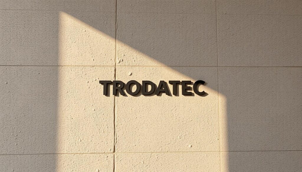 A sturdy, weathered wall with a plaster facade showcasing the TRODATEC brand logo. The surface is slightly textured, hinting at a recent renovation. Warm, natural lighting casts subtle shadows, highlighting the depth and texture of the material. The composition emphasizes the guarantee of quality craftsmanship, conveying a sense of reliability and durability. The overall atmosphere is one of professional care and attention to detail, reflecting the importance of proper restoration and maintenance for interior and exterior surfaces.