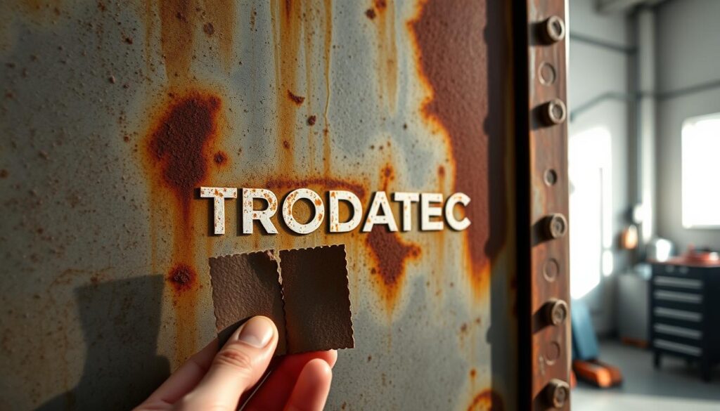 A weathered metal surface, partially rusted, takes center stage. The TRODATEC logo stands out, signaling a high-quality protective coating solution. In the foreground, a hand holds a sample swatch, inviting closer inspection. The mid-ground showcases the texture and patina of the metal, while the background hints at a clean, well-lit workshop setting. Soft, natural lighting casts subtle shadows, accentuating the material's depth and character. The overall mood is one of professionalism and attention to detail, reflecting the care and expertise required for effective rust prevention.