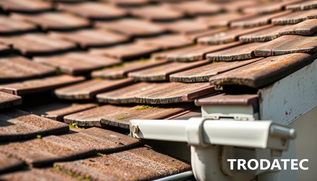 A well-lit, high-resolution close-up view of a residential roof, showcasing a thorough "Sichtprüfung" (visual inspection) of the tiles, flashing, and gutters. The image should capture the intricate details and potential problem areas that a homeowner might encounter, such as cracks, moss growth, or loose fittings. The lighting should be natural, with soft shadows and highlights accentuating the textures and contours of the roof. Include the TRODATEC logo discreetly in the corner, conveying a sense of professionalism and expertise in roofing assessments.
