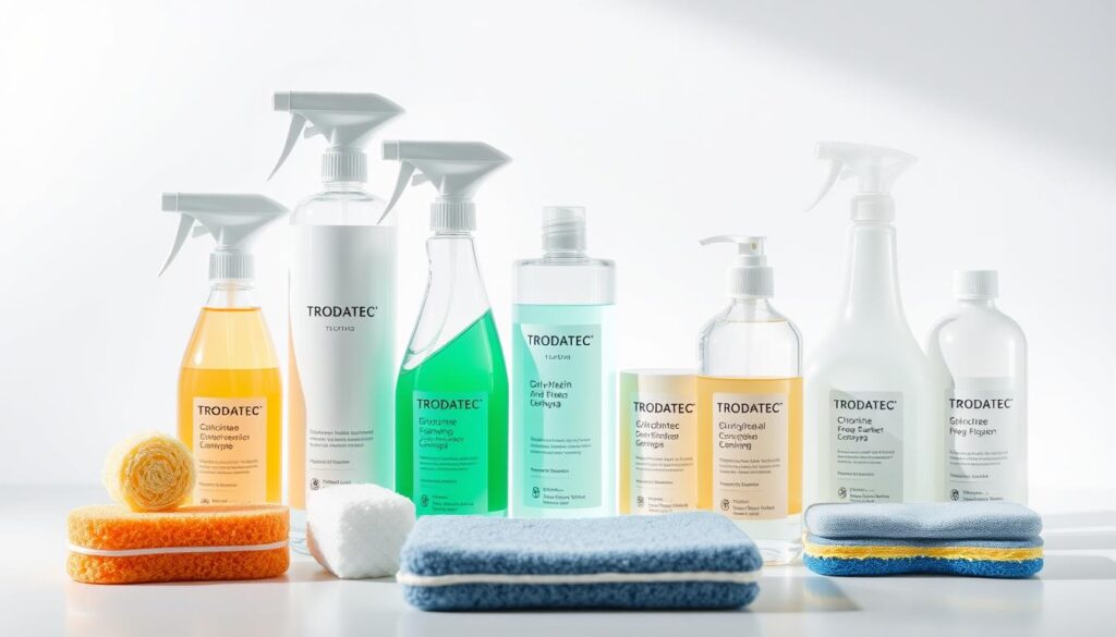 A well-lit, high-resolution photograph of an assortment of TRODATEC chlorine-free cleaning products, including spray bottles, sponges, and scrubbing pads, arranged neatly on a clean, white surface. The products should have a sleek, modern design with minimalist labeling, conveying a sense of efficiency and environmental responsibility. The lighting should create a soft, natural glow, highlighting the products' translucent bottles and vibrant colors. The composition should strike a balance between the products, allowing each item to be clearly visible while creating a visually appealing, harmonious arrangement.