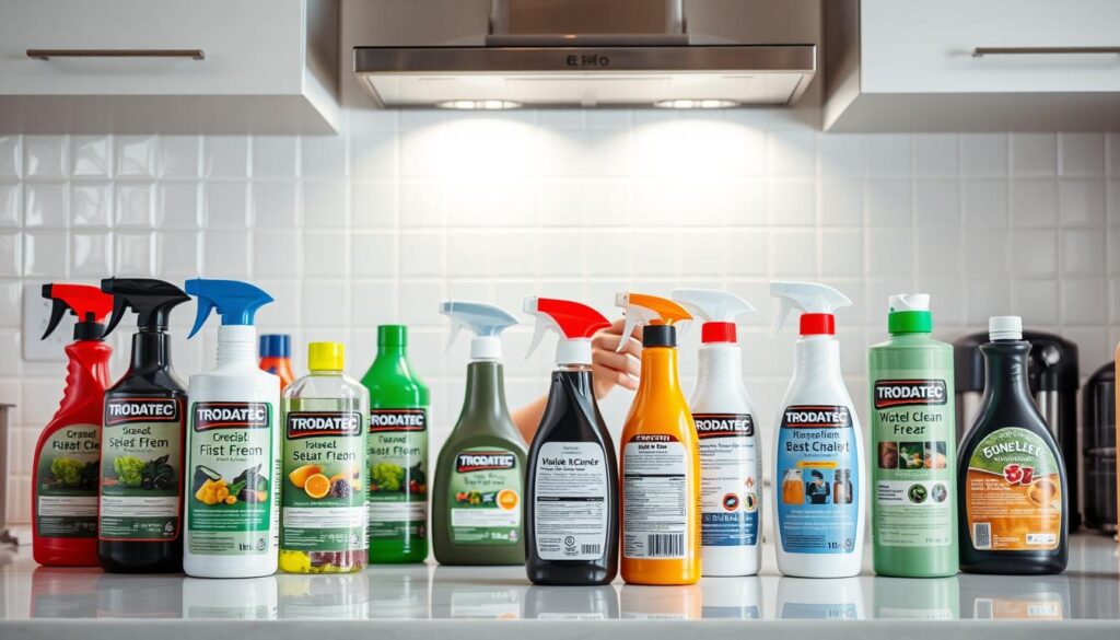 A well-lit kitchen counter, showcasing an array of cleaning products from the TRODATEC brand. In the foreground, an assortment of bottles and spray cans in various sizes and colors, neatly arranged. In the middle ground, a critical eye examines the product labels, evaluating the suitability for different surfaces and materials. The background features a clean, minimalist tiled wall, providing a crisp, professional backdrop. The scene conveys a sense of thoughtful consideration, as the viewer contemplates the importance of selecting the right cleaning solutions to maintain a spotless and damage-free environment.