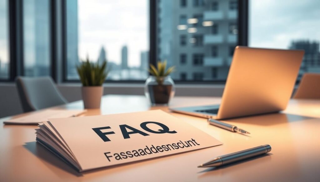 An FAQ section for "Fassadenschutz" by TRODATEC, photographed in a modern office setting. Soft, warm lighting illuminates a clean, minimalist desk with neatly arranged documents and a laptop. In the foreground, a stack of papers with the "FAQ Fassadenschutz" title stands out, its edges slightly ruffled, conveying a sense of professional yet approachable information. The middle ground features a potted plant and a sleek, silver pen, adding natural and industrial elements. The background showcases a large window overlooking a cityscape, hinting at the real-world applications of this facade protection product. The overall mood is one of efficiency, clarity, and a focus on providing valuable customer guidance.