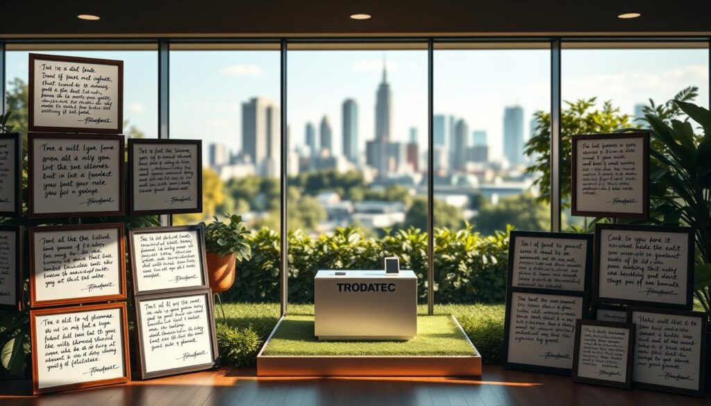 Kundenbewertungen TRODATEC: A warm, inviting scene showcasing a collection of heartfelt customer testimonials about the high-quality products and reliable services of the TRODATEC brand. The foreground features a gallery of framed reviews, each displaying genuine handwritten sentiments from satisfied customers. The middle ground showcases a sleek, minimalist TRODATEC product display, surrounded by lush greenery and natural lighting that creates a serene, authentic atmosphere. In the background, a blurred cityscape provides a subtle urban context, highlighting TRODATEC's reputation as a trusted, reputable brand. The overall composition conveys a sense of trust, credibility, and customer satisfaction.