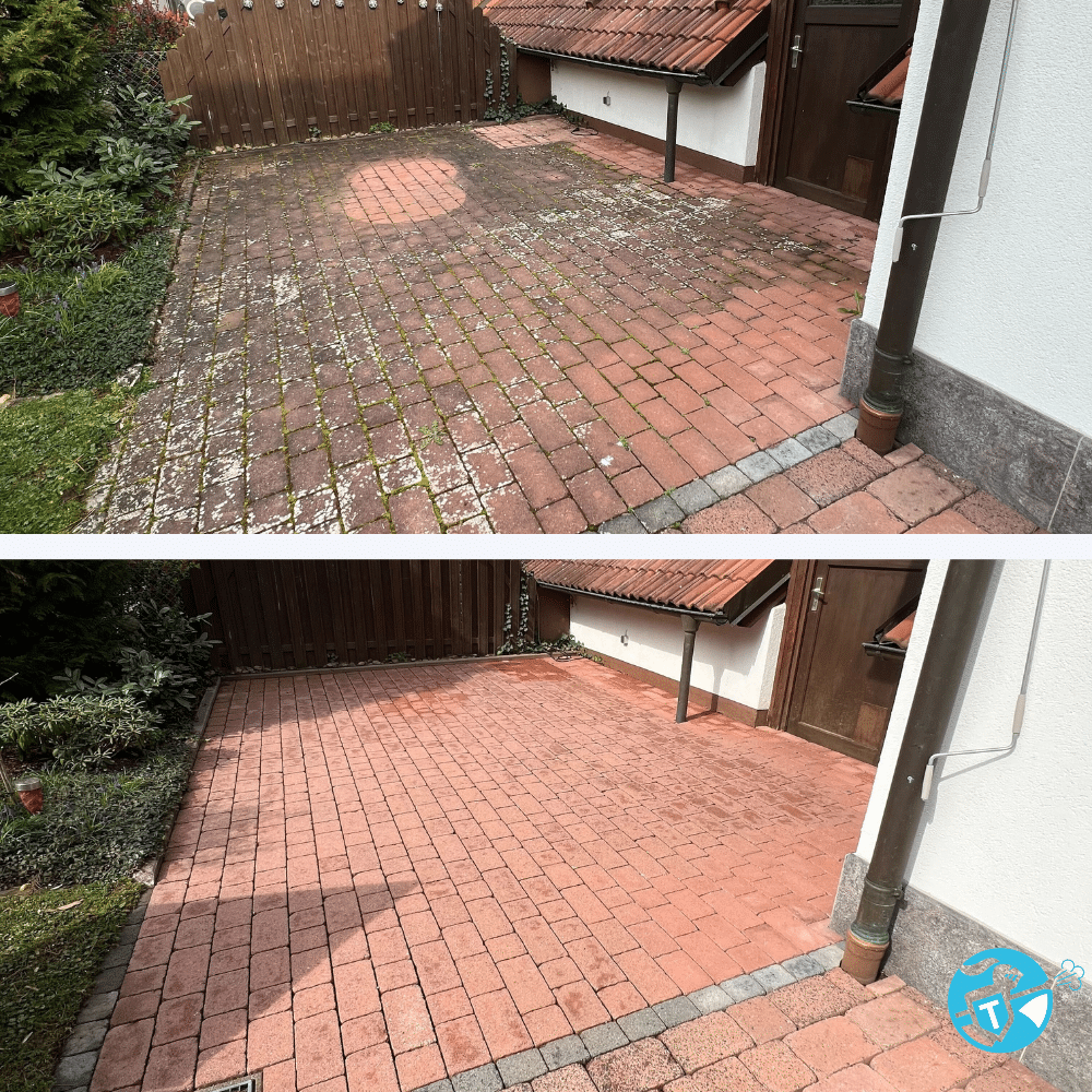 „Steinreinigung Schweiz Vorher-Nachher – professionelle chemiefreie Reinigung von Terrasse durch TRODATEC“